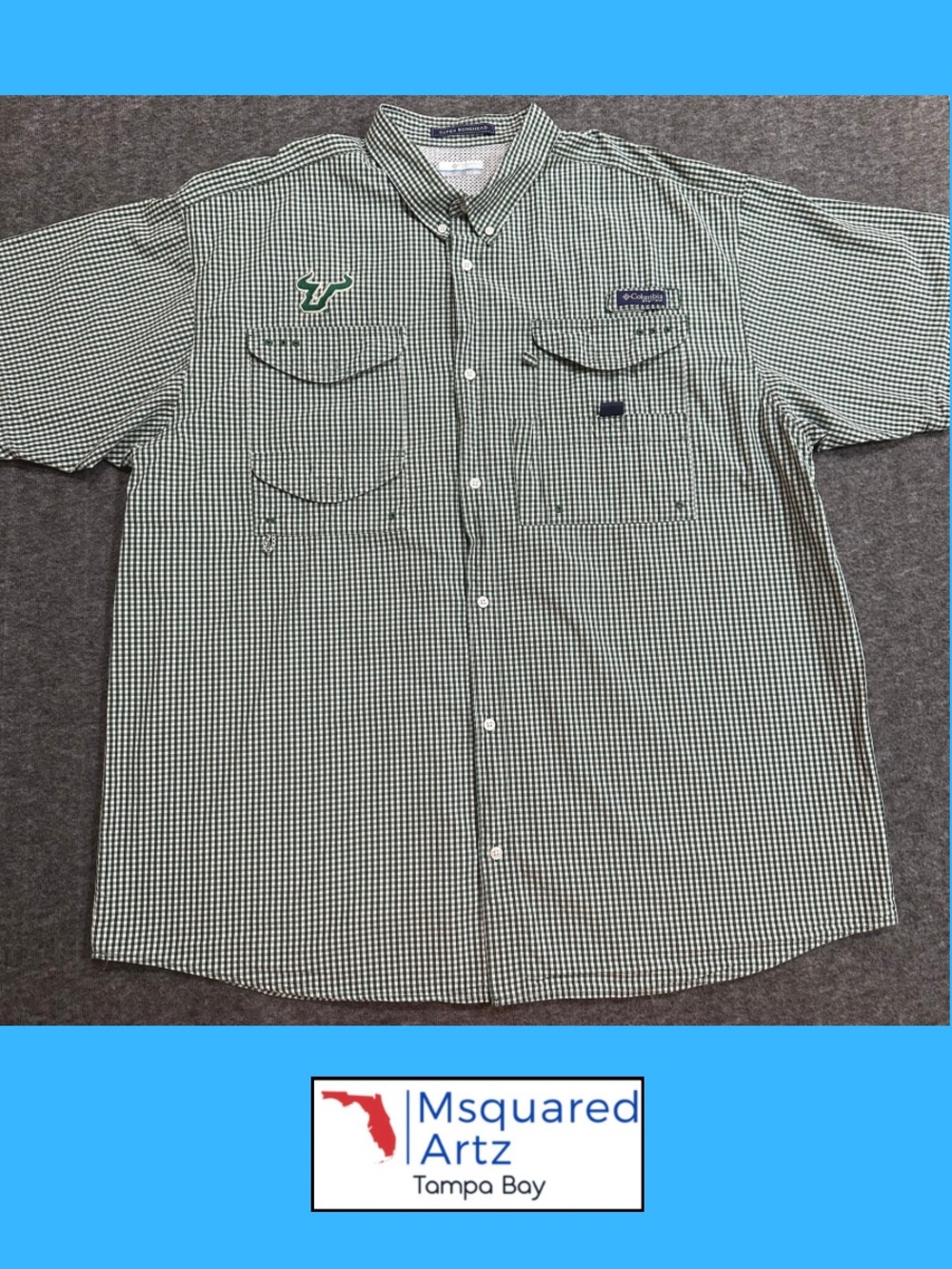 Columbia PFG Super Bonehead USF Bulls Fishing Shirt Green Check XXL Button Up